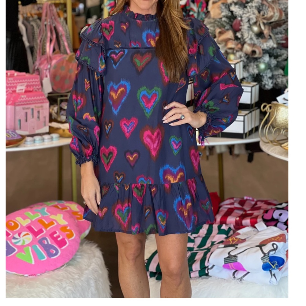 Farm Rio IKAT Dyed Hearts Navy Mini Dress